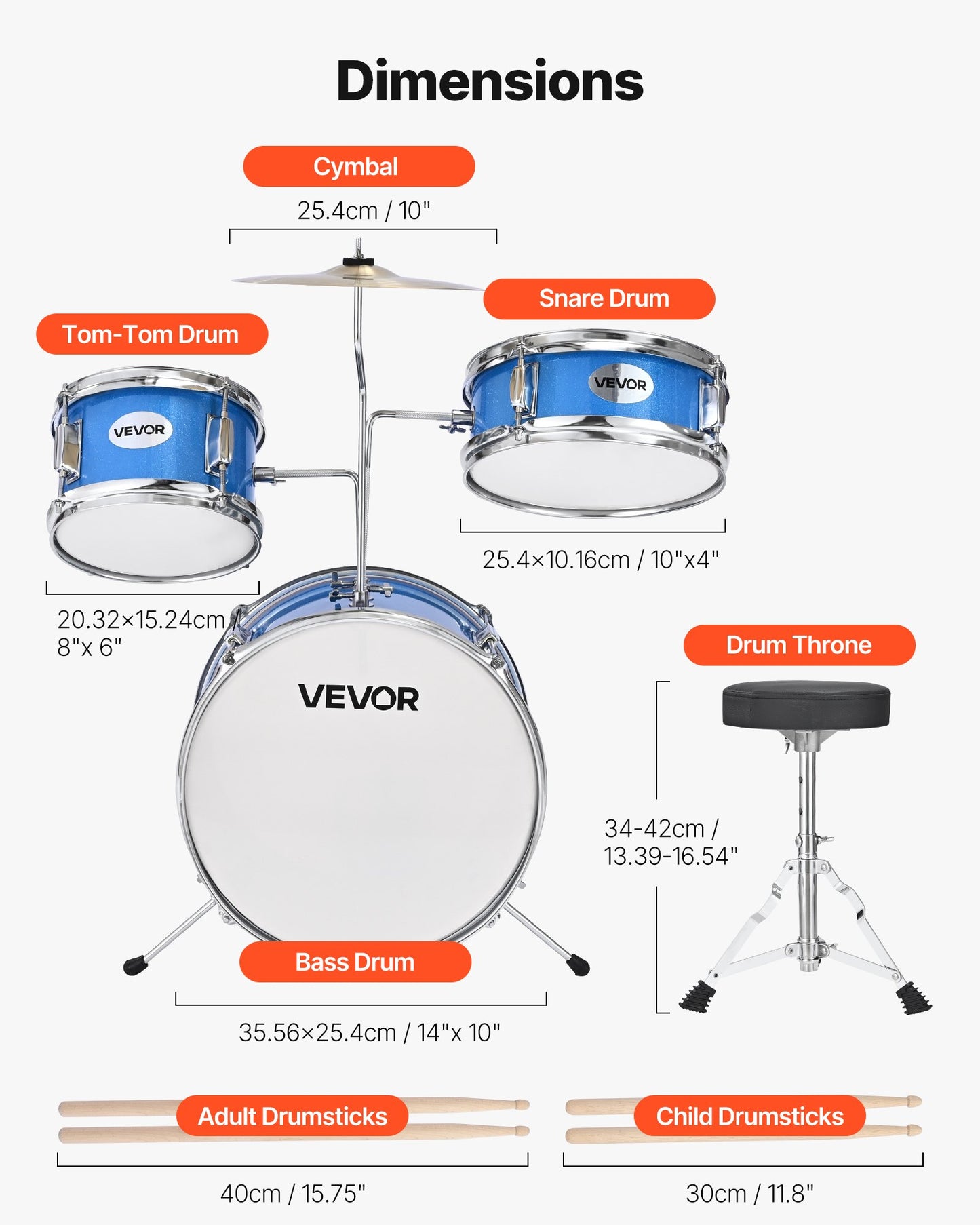 Kids Drum Set, 3-Piece 14 in Junior Drum Sets, Beginner Drums Set with Adjustable Throne, Cymbal & Two Pairs of Drumsticks, Musical Learning Drums Instruments Kit, for Children Ages 6-13 (Blue)