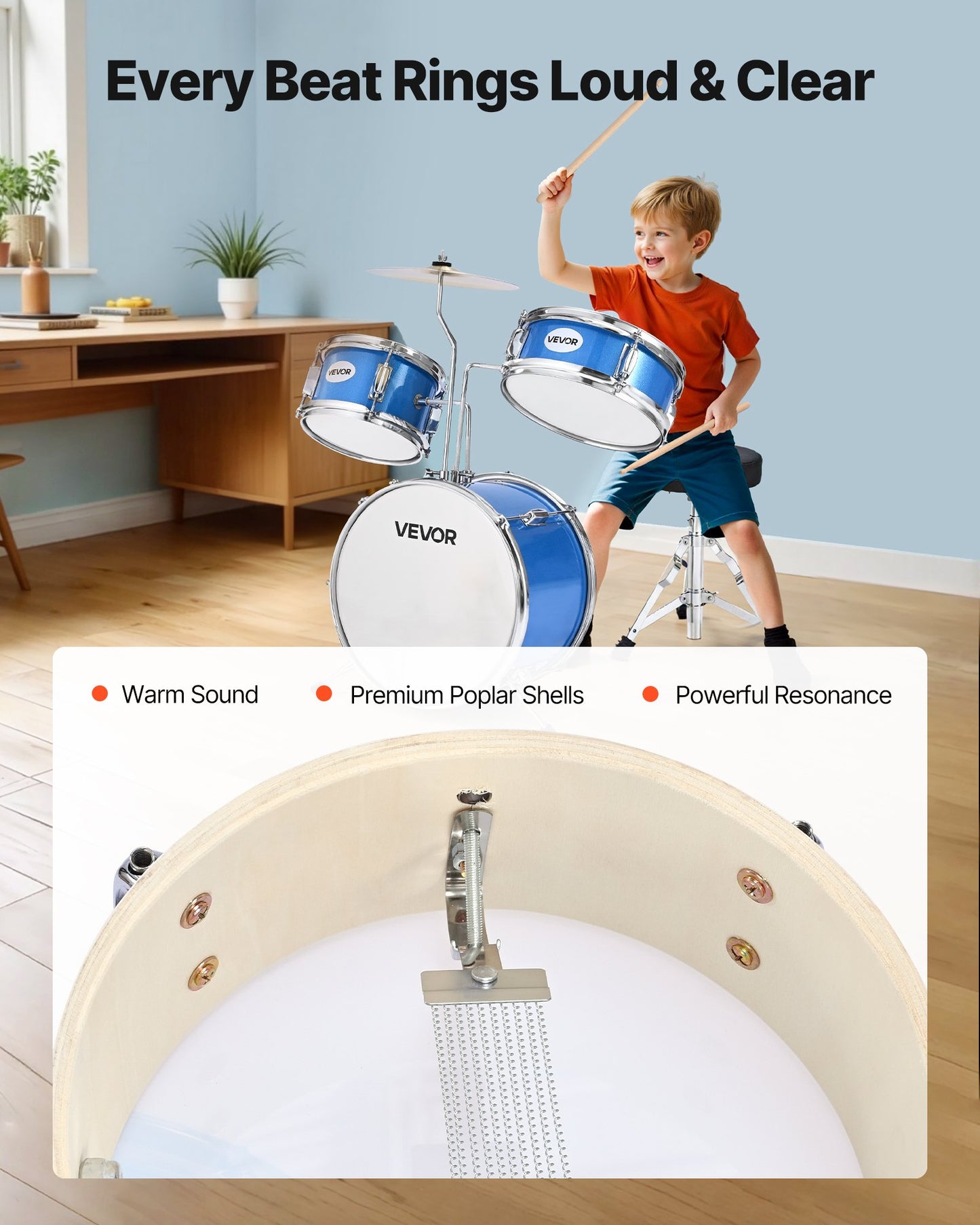 Kids Drum Set, 3-Piece 14 in Junior Drum Sets, Beginner Drums Set with Adjustable Throne, Cymbal & Two Pairs of Drumsticks, Musical Learning Drums Instruments Kit, for Children Ages 6-13 (Blue)