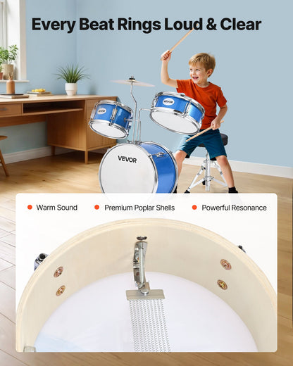 Kids Drum Set, 3-Piece 14 in Junior Drum Sets, Beginner Drums Set with Adjustable Throne, Cymbal & Two Pairs of Drumsticks, Musical Learning Drums Instruments Kit, for Children Ages 6-13 (Blue)