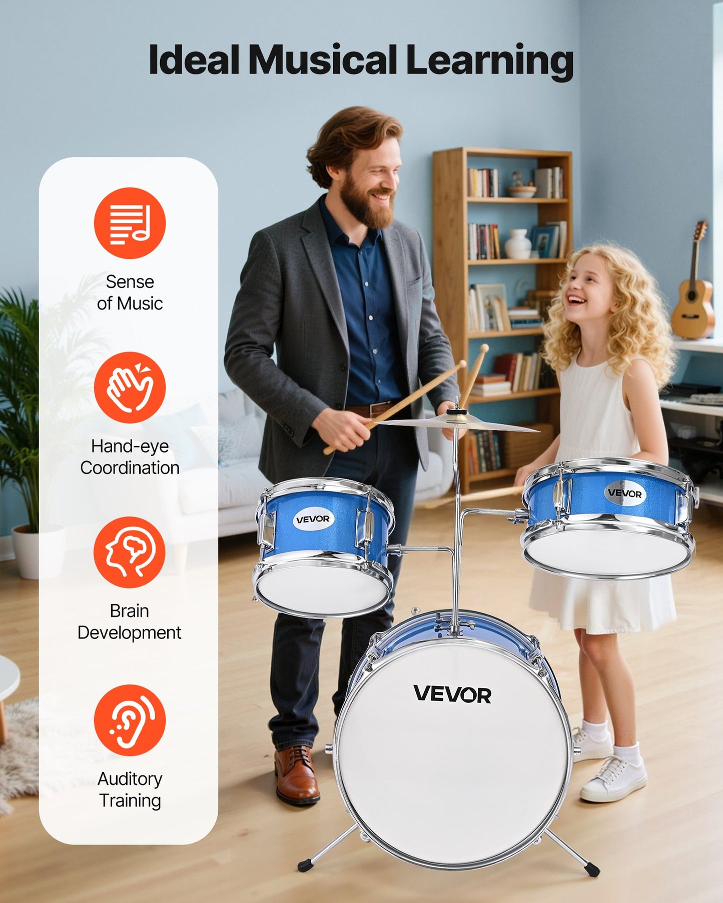 Kids Drum Set, 3-Piece 14 in Junior Drum Sets, Beginner Drums Set with Adjustable Throne, Cymbal & Two Pairs of Drumsticks, Musical Learning Drums Instruments Kit, for Children Ages 6-13 (Blue)