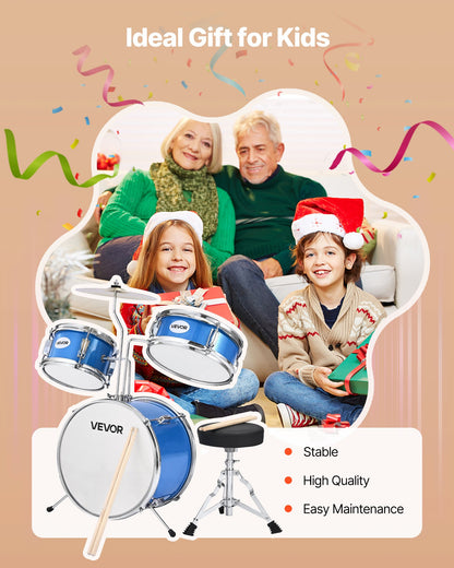 Kids Drum Set, 3-Piece 14 in Junior Drum Sets, Beginner Drums Set with Adjustable Throne, Cymbal & Two Pairs of Drumsticks, Musical Learning Drums Instruments Kit, for Children Ages 6-13 (Blue)