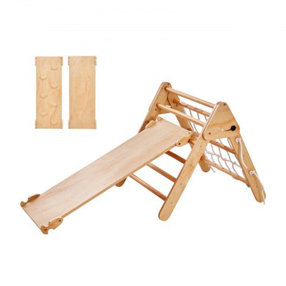 Pikler Triangle Set, 4 in 1 Toddler Climbing Toys Indoor Playground, Large Size Wooden Climbing Gym for Toddlers 1-3 Years, Montessori Climbing Set with Triangle and Ramp, Wood Color