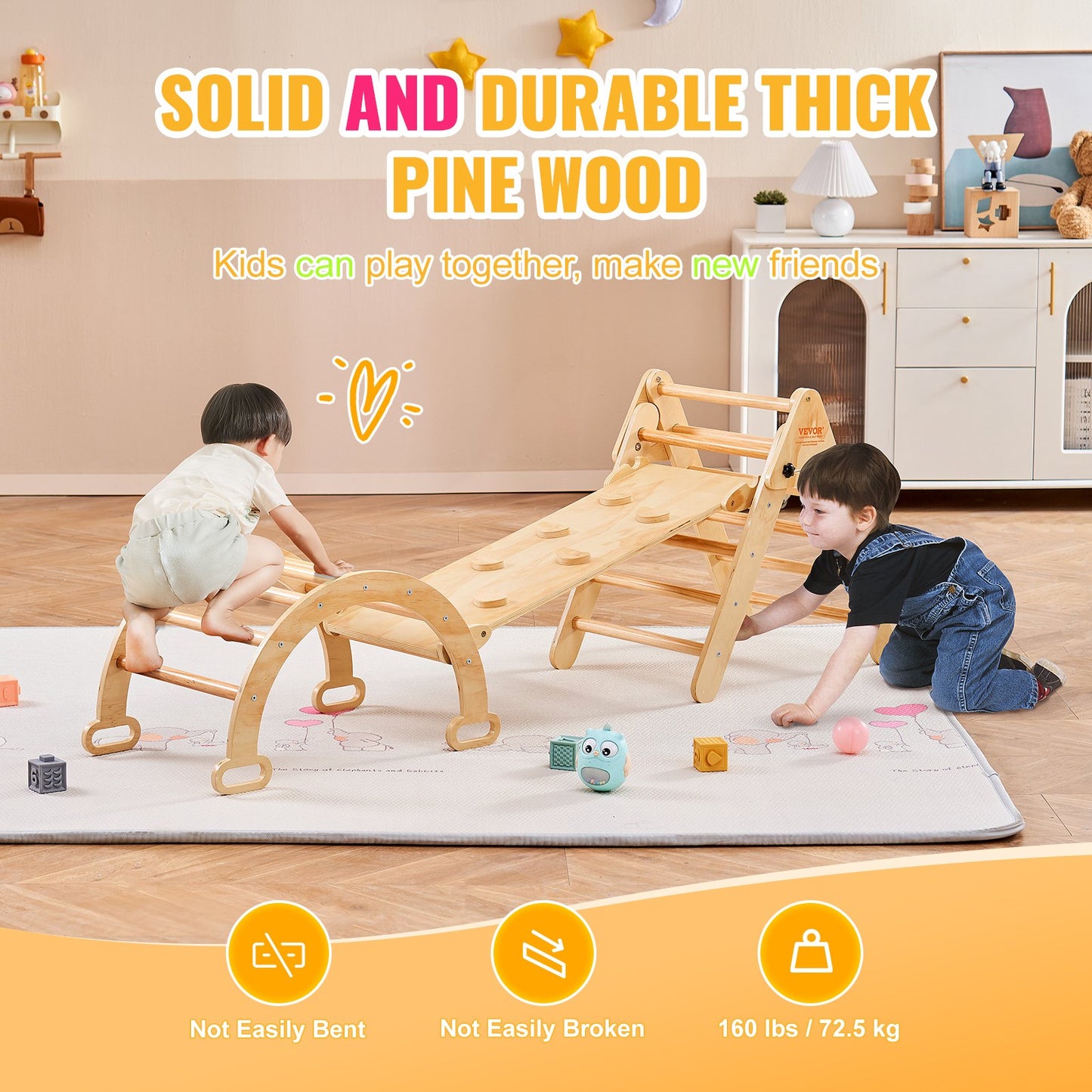 Pikler Triangle Set, 5 in 1 Toddler Climbing Toys Indoor Playground, Ramp, and Arch, Montessori Climbing Set with Triangle, Medium Size Wooden Climbing Gym for Toddlers 1-3 Years, Wood Color