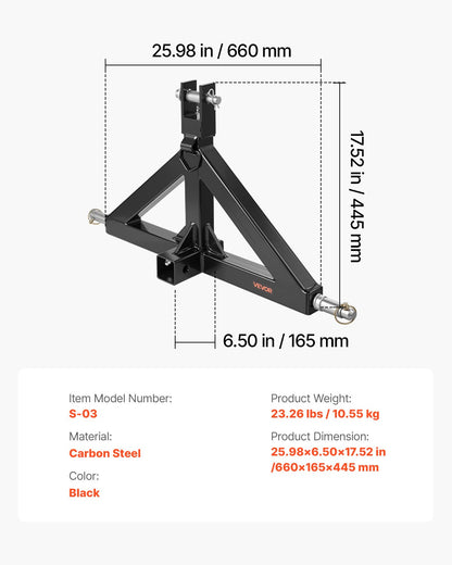 3 Point Hitch Receiver with 2 in Receiver, 3pt Quick Hitch Attachment, 3,000 lbs Capacity, Heavy Duty Tractor Tow Drawbar Adapter, Compatible with Kubota, Mahindra, John Deere, Massey Ferguson