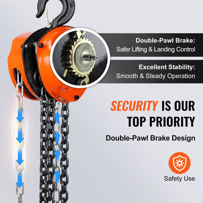 Hand Chain Hoist, 1 Ton 2200 lbs Capacity 20 FT Come Along, G80 Galvanized Carbon Steel with Double-Pawl Brake, Auto Chain Leading & 360° Rotation Hook, for Garage Factory Dock