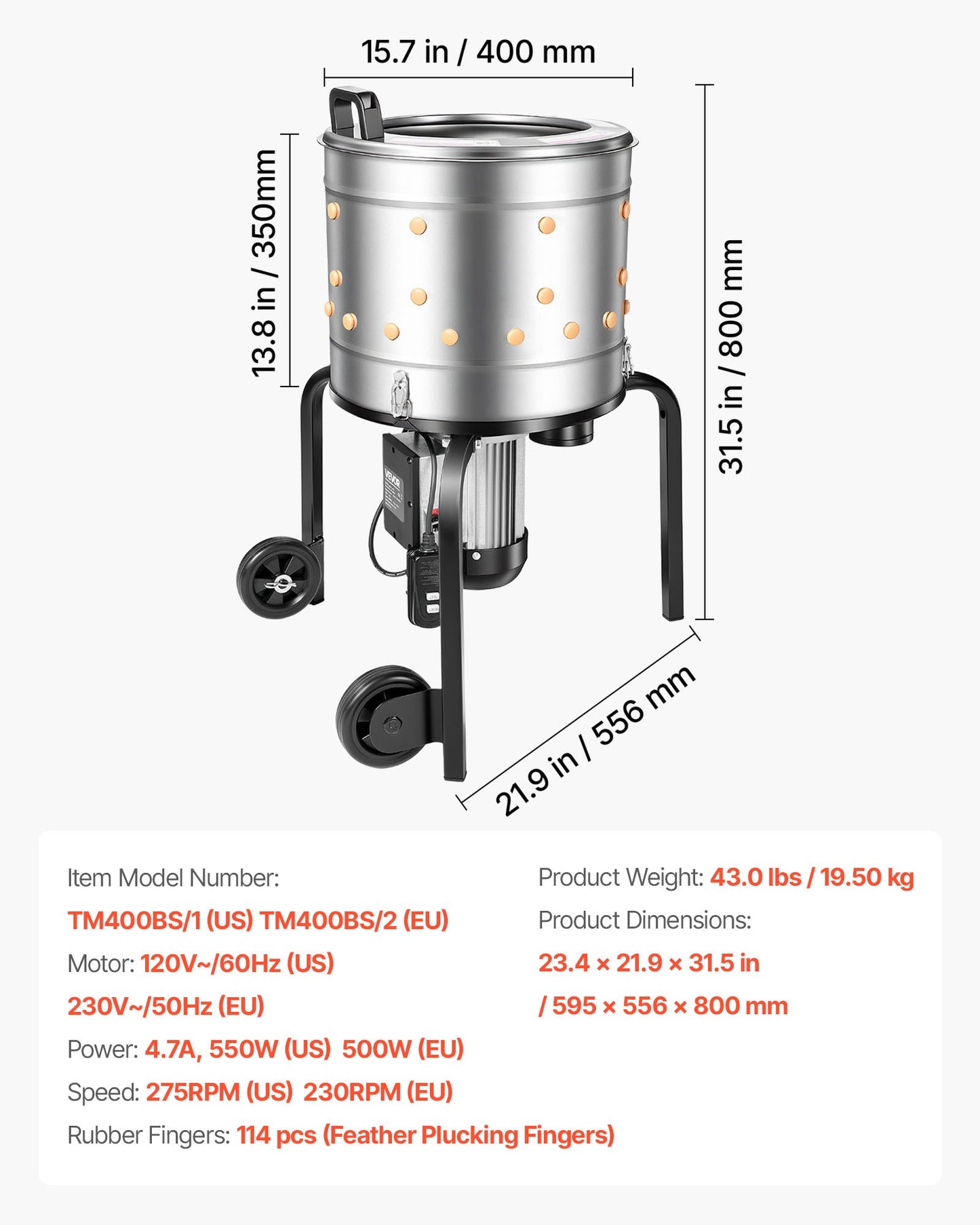 Chicken Plucker Machine, 15.7 in Drum, 550W & 275RPM Electric Chicken Plucking Machine with 114 Soft Fingers & Transport Wheels, Stainless Steel Feather Remover for Processing 1-2 Chicks Once