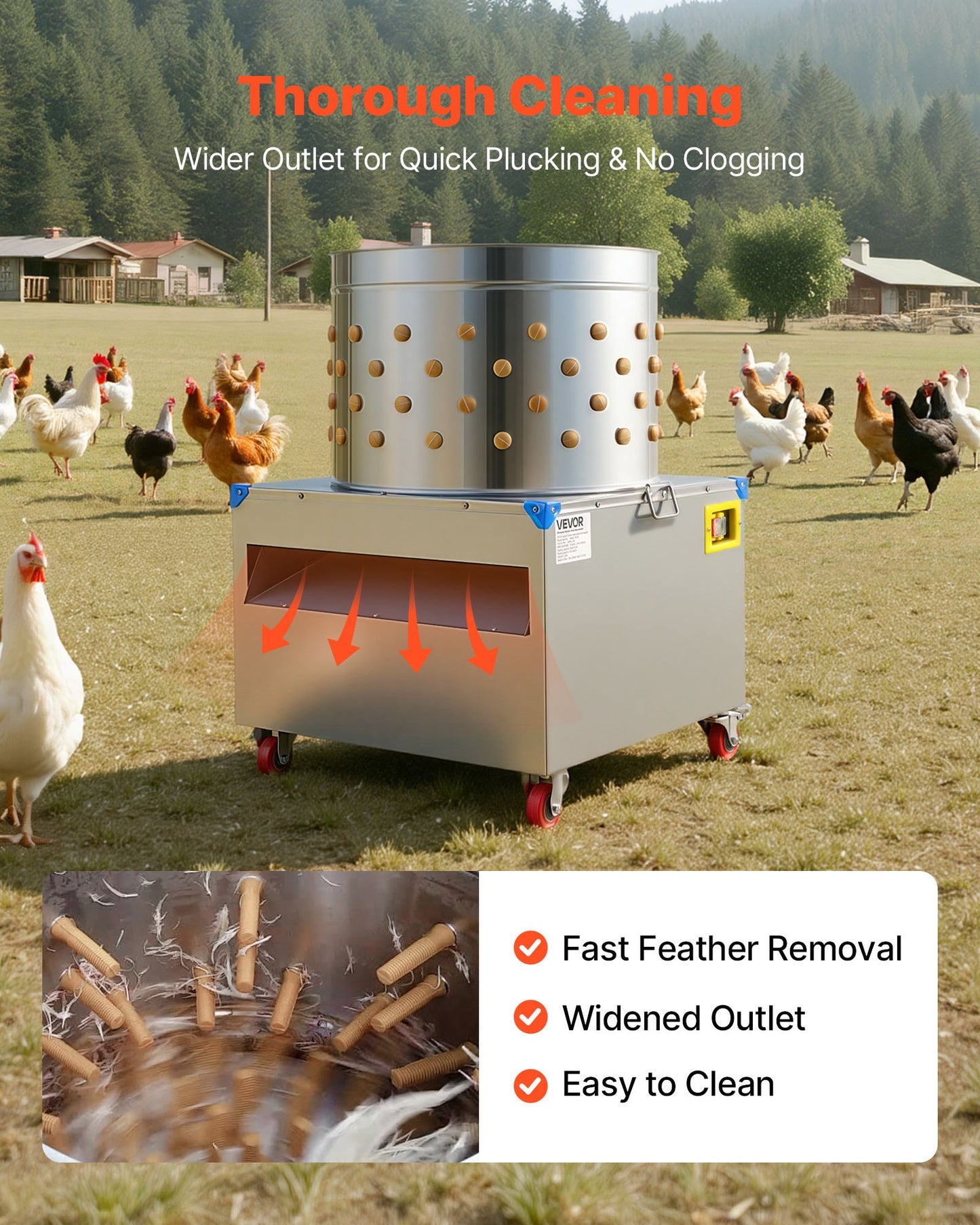 Chicken Plucker Machine, 23.6 in Drum, 2200W & 240RPM Electric Chicken Plucking Machine with 119 Soft Fingers & Transport Wheels, Stainless Steel Feather Remover for Processing 2-4 Chicks Once