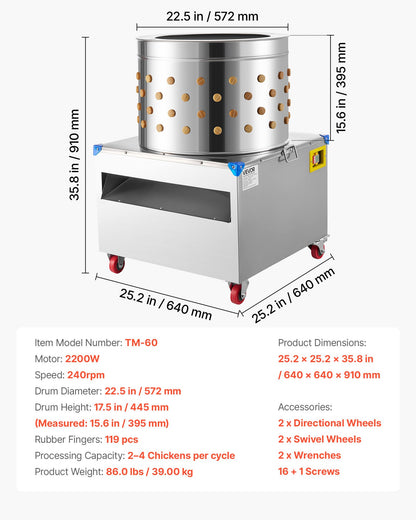 Chicken Plucker Machine, 23.6 in Drum, 2200W & 240RPM Electric Chicken Plucking Machine with 119 Soft Fingers & Transport Wheels, Stainless Steel Feather Remover for Processing 2-4 Chicks Once