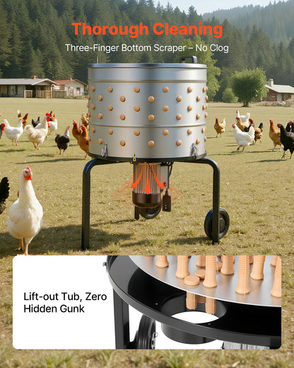 Chicken Plucker Machine, 25.6 in Drum, 1200W & 275RPM Electric Chicken Plucking Machine with 158 Soft Fingers & Transport Wheels, Stainless Steel Feather Remover for Processing 4 Chicks Once