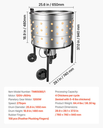 Chicken Plucker Machine, 25.6 in Drum, 1200W & 275RPM Electric Chicken Plucking Machine with 158 Soft Fingers & Transport Wheels, Stainless Steel Feather Remover for Processing 4 Chicks Once