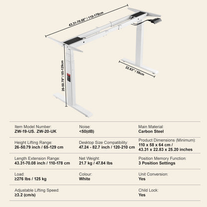 Electric Standing Desk Frame Dual Motor Adjustable 66-129cm H White