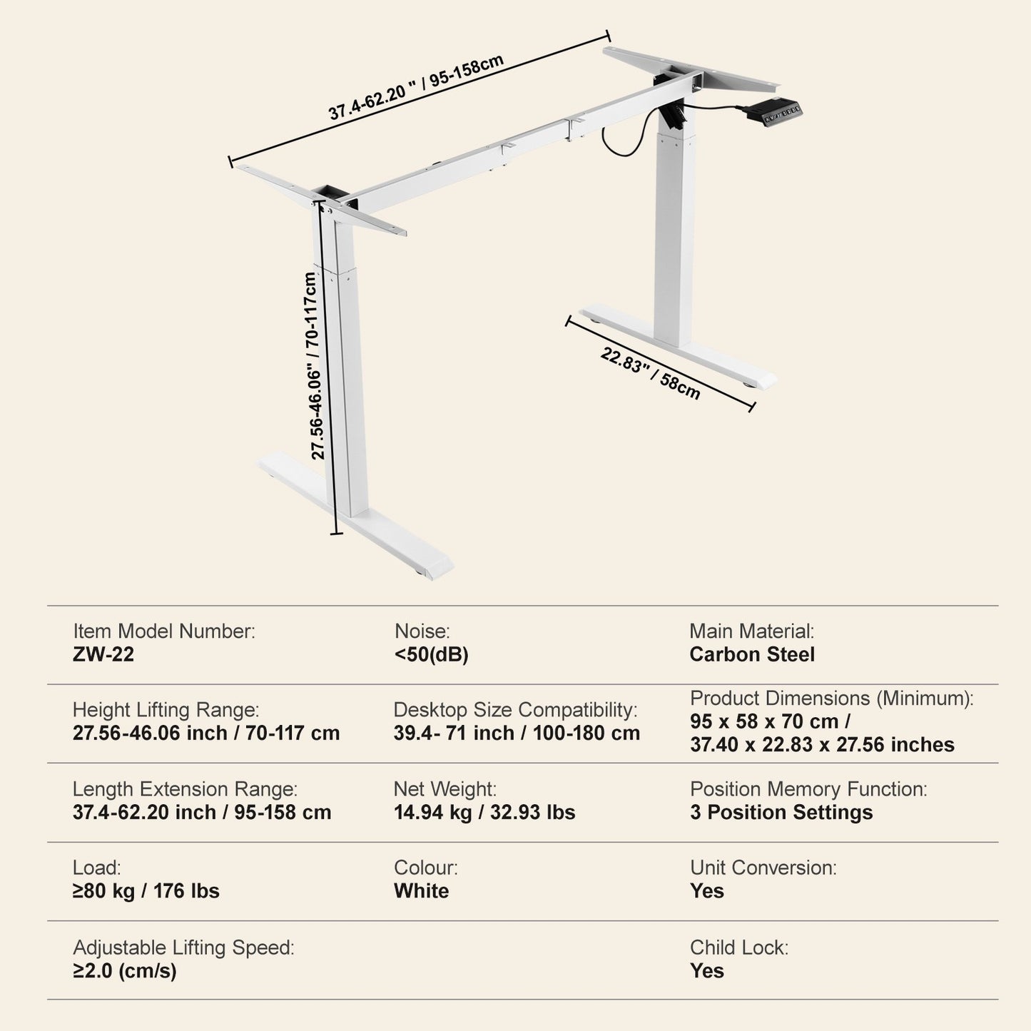 Electric Standing Desk Tripod Adjustable 70-117 cm H Workstation White