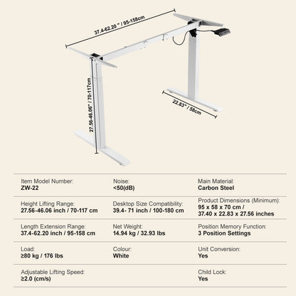 Electric Standing Desk Tripod Adjustable 70-117 cm H Workstation White