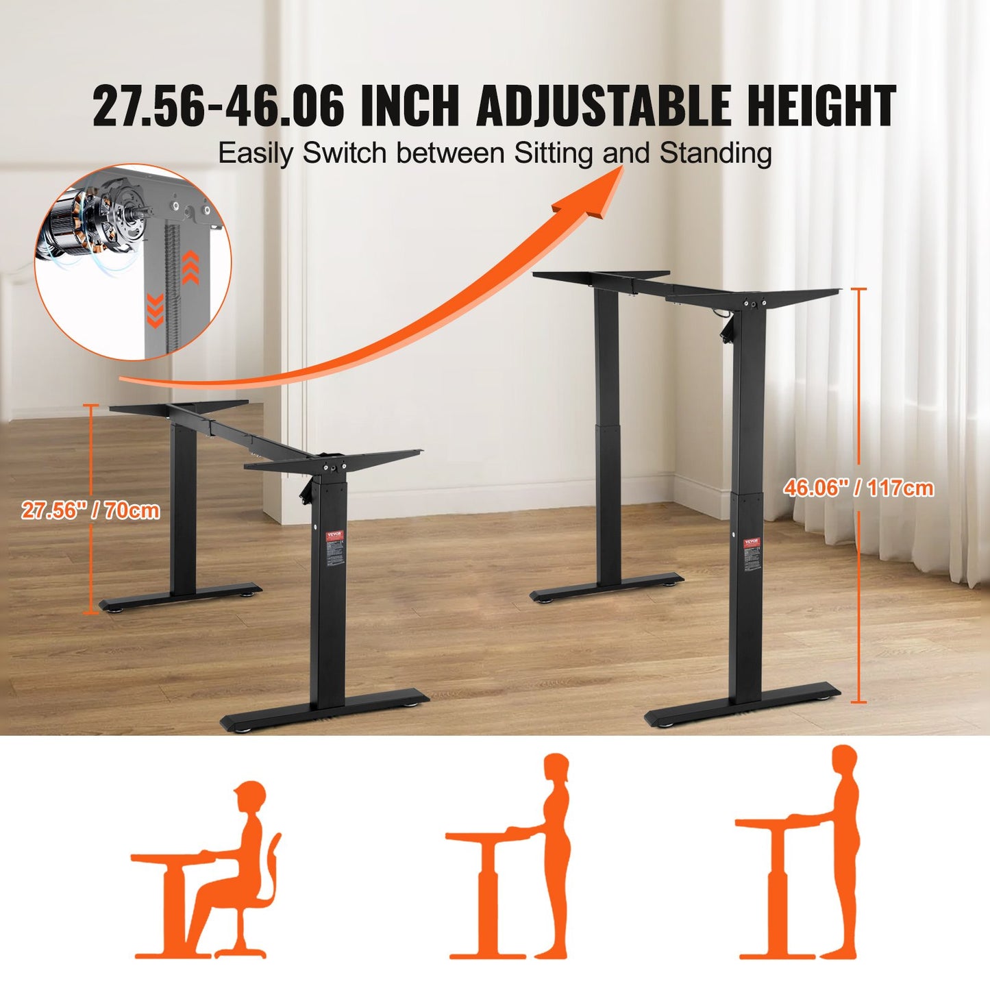 Standing Desk Frame, Adjustable 27.6-46.1 inch Height & 35.4-53.2 inch Length Electric Stand Up Computer Desk Legs, Ergonomic DIY Workstation Base for Home and Office (Black Frame Only)