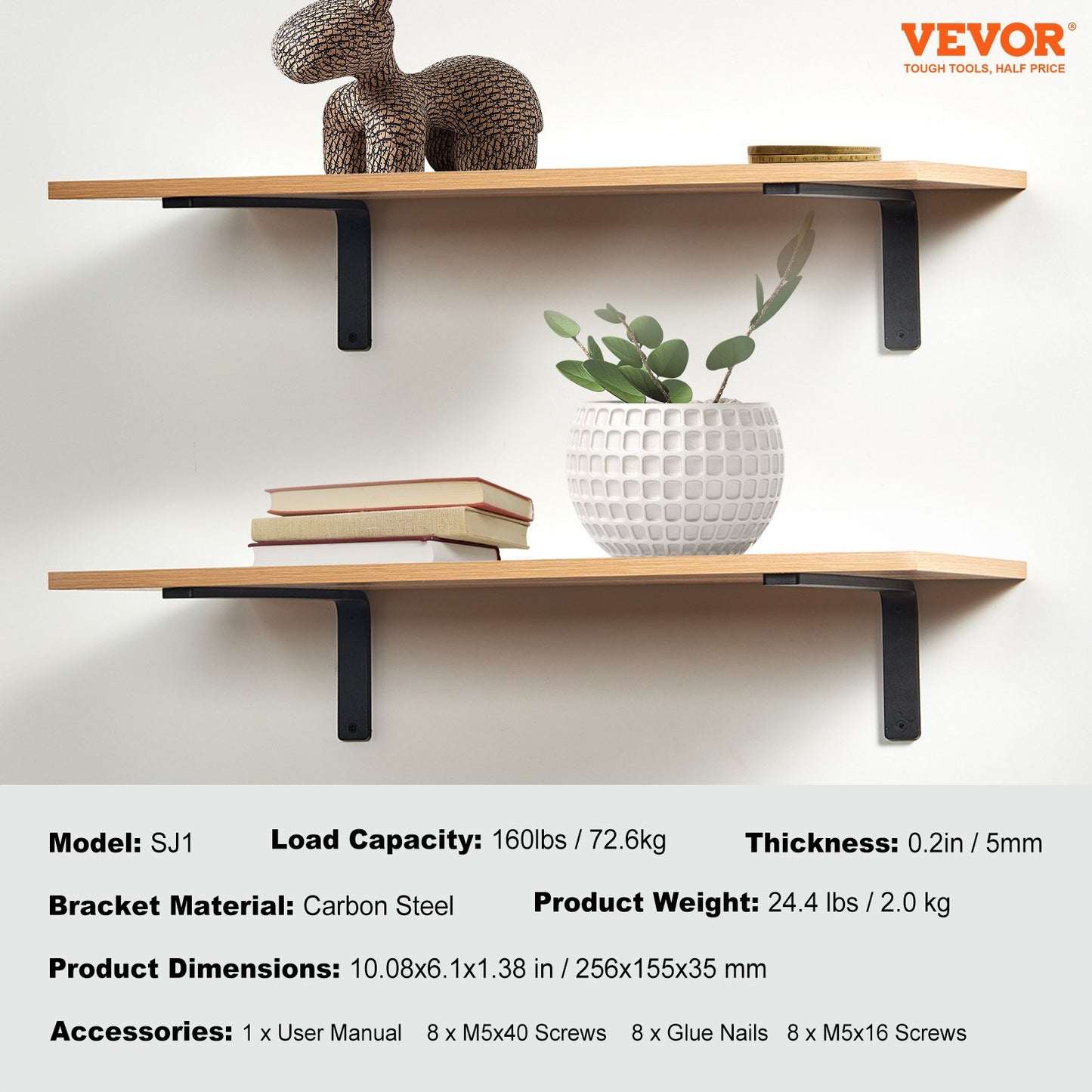 Shelf Bracket, Heavy Duty Floating Shelf Brackets 10 x 6 in, 4 Pcs Brackets for Shelves, 5mm Thick Matte Black L Shelf Bracket,Steel Shelving Brackets with 160 lbs Load Capacity