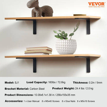 Shelf Bracket, Heavy Duty Floating Shelf Brackets 10 x 6 in, 4 Pcs Brackets for Shelves, 5mm Thick Matte Black L Shelf Bracket,Steel Shelving Brackets with 160 lbs Load Capacity
