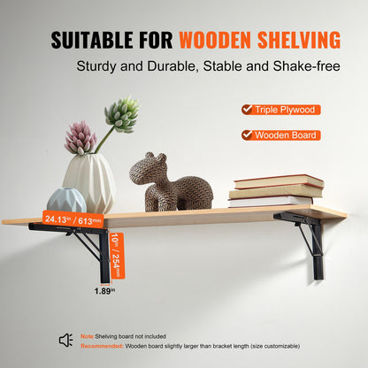 Shelf Bracket Foldable, 24” L 2 Pcs , Heavy Duty Floating Shelf Brackets, Brackets for Shelves, 5mm Thick Matte Black L Shelf Bracket,Steel Shelving Brackets with 300 lbs Load Capacity