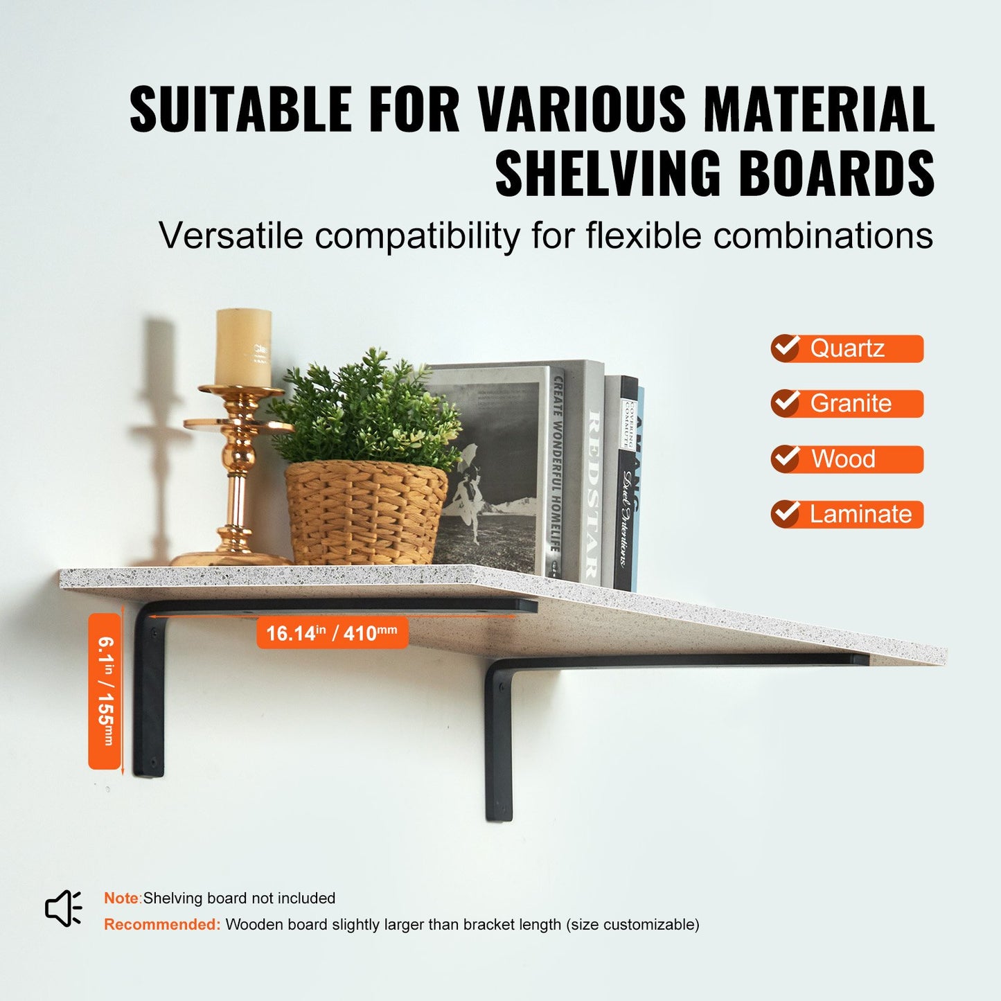 Shelf Bracket, 16 x 6 in 4 Pcs, Heavy Duty Floating Shelf Brackets, Brackets for Shelves, 10mm Thick Matte Black L Shelf Bracket,Steel Shelving Brackets with 160 lbs Load Capacity