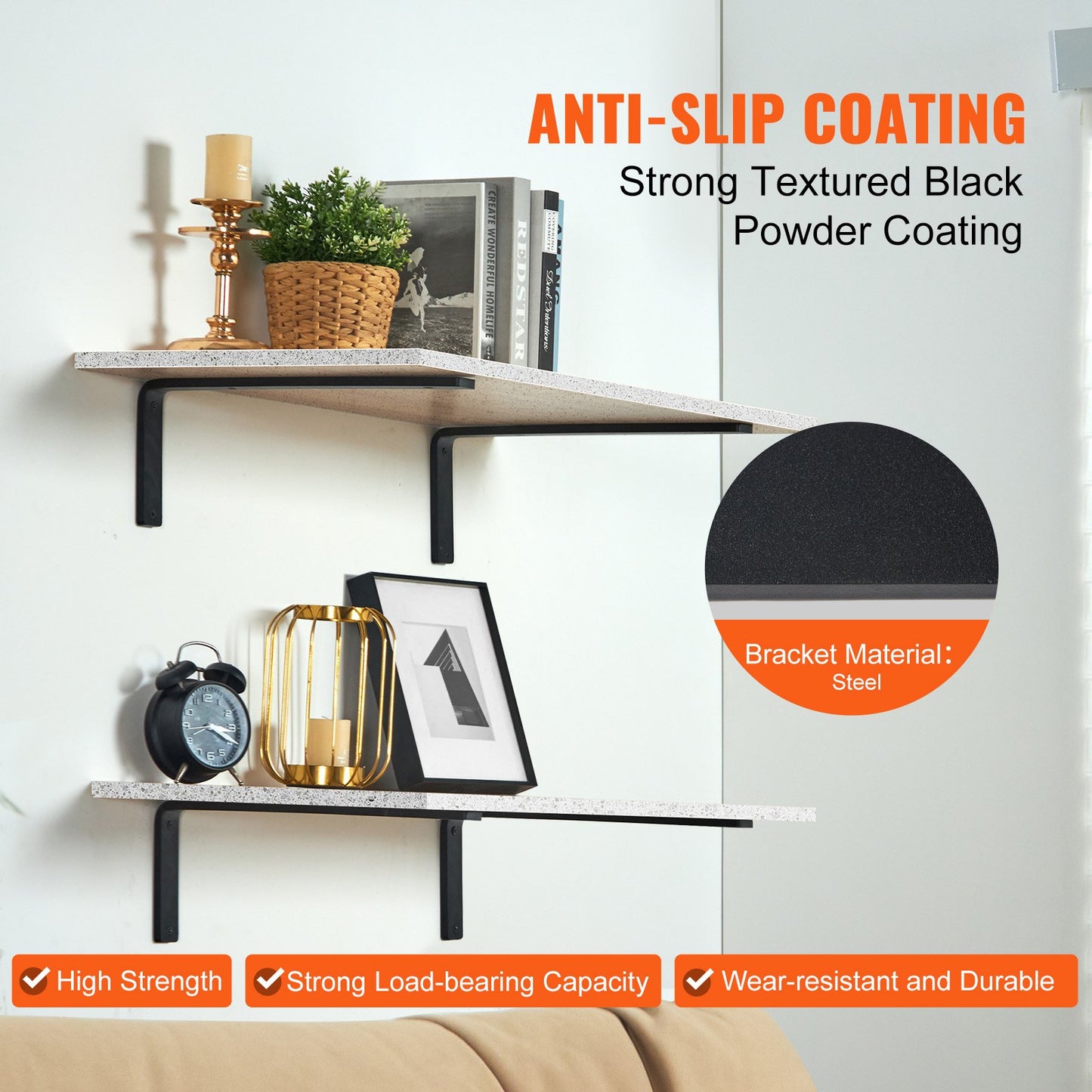 Shelf Bracket, 16 x 6 in 4 Pcs, Heavy Duty Floating Shelf Brackets, Brackets for Shelves, 10mm Thick Matte Black L Shelf Bracket,Steel Shelving Brackets with 160 lbs Load Capacity