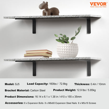 Shelf Bracket, 16 x 6 in 4 Pcs, Heavy Duty Floating Shelf Brackets, Brackets for Shelves, 10mm Thick Matte Black L Shelf Bracket,Steel Shelving Brackets with 160 lbs Load Capacity