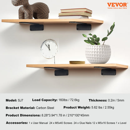 Shelf Bracket, 8”L x 4”W x 1.6”H 6 Pcs, Heavy Duty Floating Shelf Brackets, Brackets for Shelves, 5mm Thick Matte Black L Shelf Bracket,Steel Shelving Brackets with 160 lbs Load Capacity