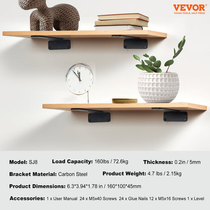 Shelf Bracket, 6”L x 4”W x 1.6”H 6 Pcs, Heavy Duty Floating Shelf Brackets, Brackets for Shelves, 5mm Thick Matte Black L Shelf Bracket,Steel Shelving Brackets with 160 lbs Load Capacity