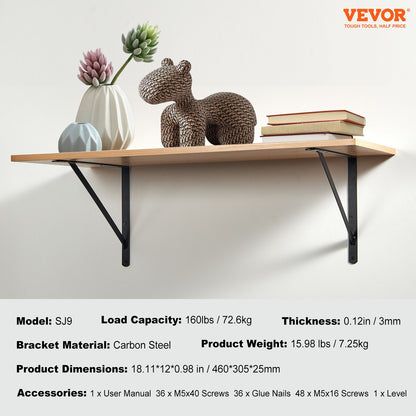 Shelf Bracket, 18 x 12 in 12 Pcs, Heavy Duty Floating Shelf Brackets, Brackets for Shelves, 3mm Thick Matte Black Triangle Shelf Bracket,Steel Shelving Brackets with 160 lbs Load Capacity
