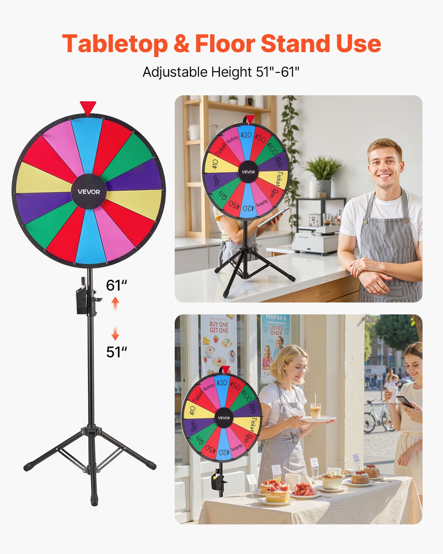 24 in Spinning Prize Wheel, 14 Slots Spinning Wheel with Tripod, Adjustable Height Win Fortune Roulette with a Dry Erase and 2 Markers, 6 Colors, Easy Assembly, for Party Pub Trade Show Carnival