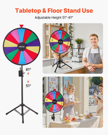 24 in Spinning Prize Wheel, 14 Slots Spinning Wheel with Tripod, Adjustable Height Win Fortune Roulette with a Dry Erase and 2 Markers, 6 Colors, Easy Assembly, for Party Pub Trade Show Carnival