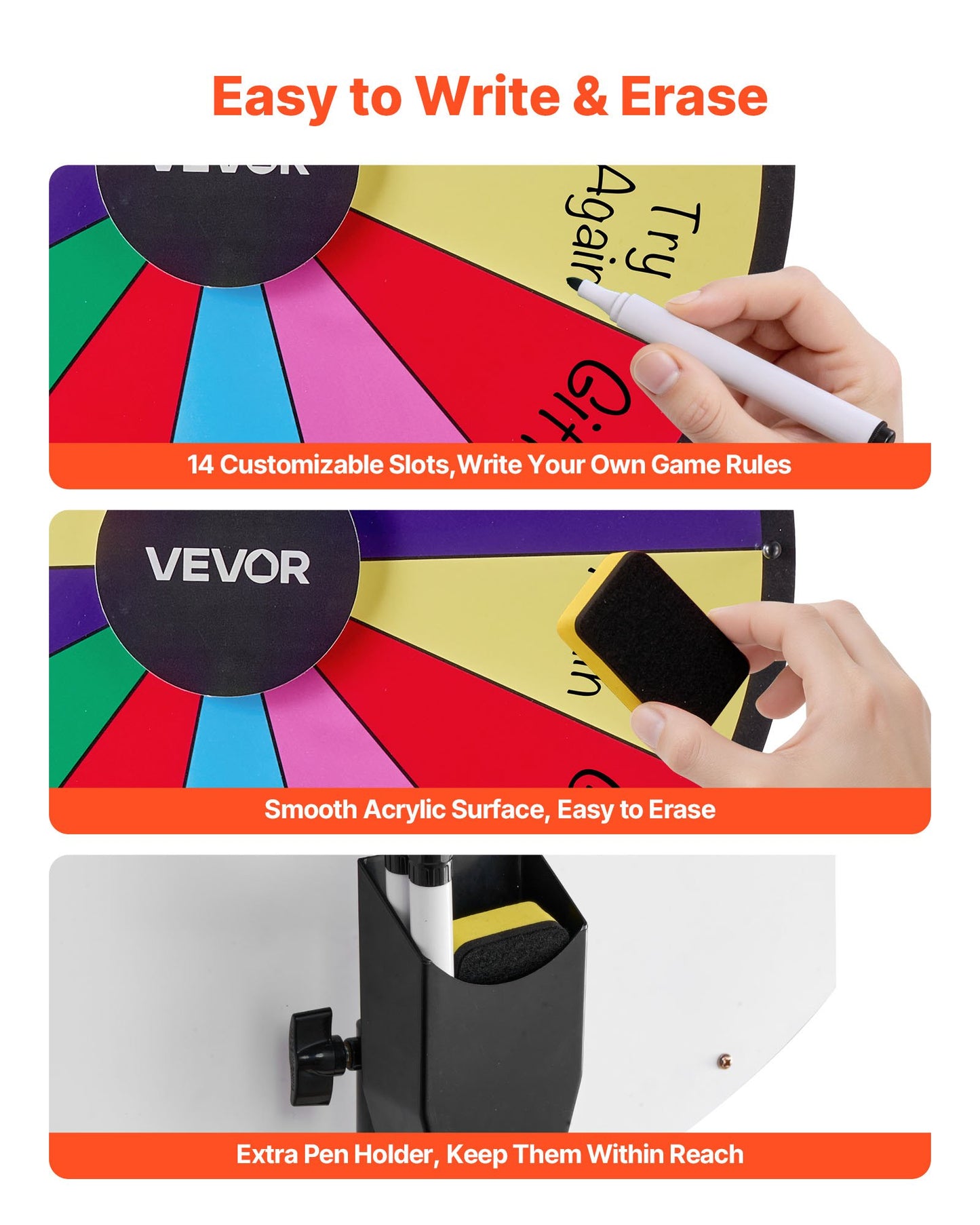 24 in Spinning Prize Wheel, 14 Slots Spinning Wheel with Tripod, Adjustable Height Win Fortune Roulette with a Dry Erase and 2 Markers, 6 Colors, Easy Assembly, for Party Pub Trade Show Carnival