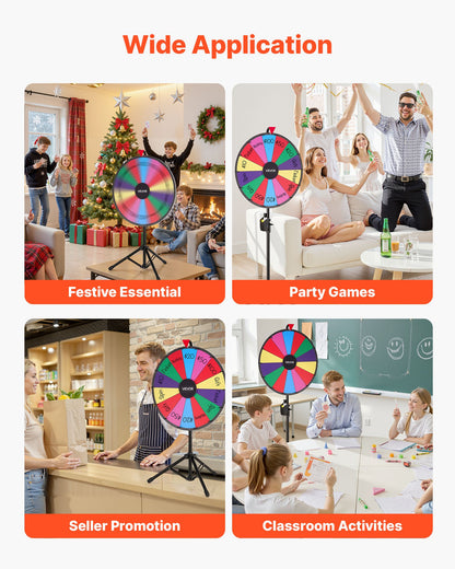 24 in Spinning Prize Wheel, 14 Slots Spinning Wheel with Tripod, Adjustable Height Win Fortune Roulette with a Dry Erase and 2 Markers, 6 Colors, Easy Assembly, for Party Pub Trade Show Carnival