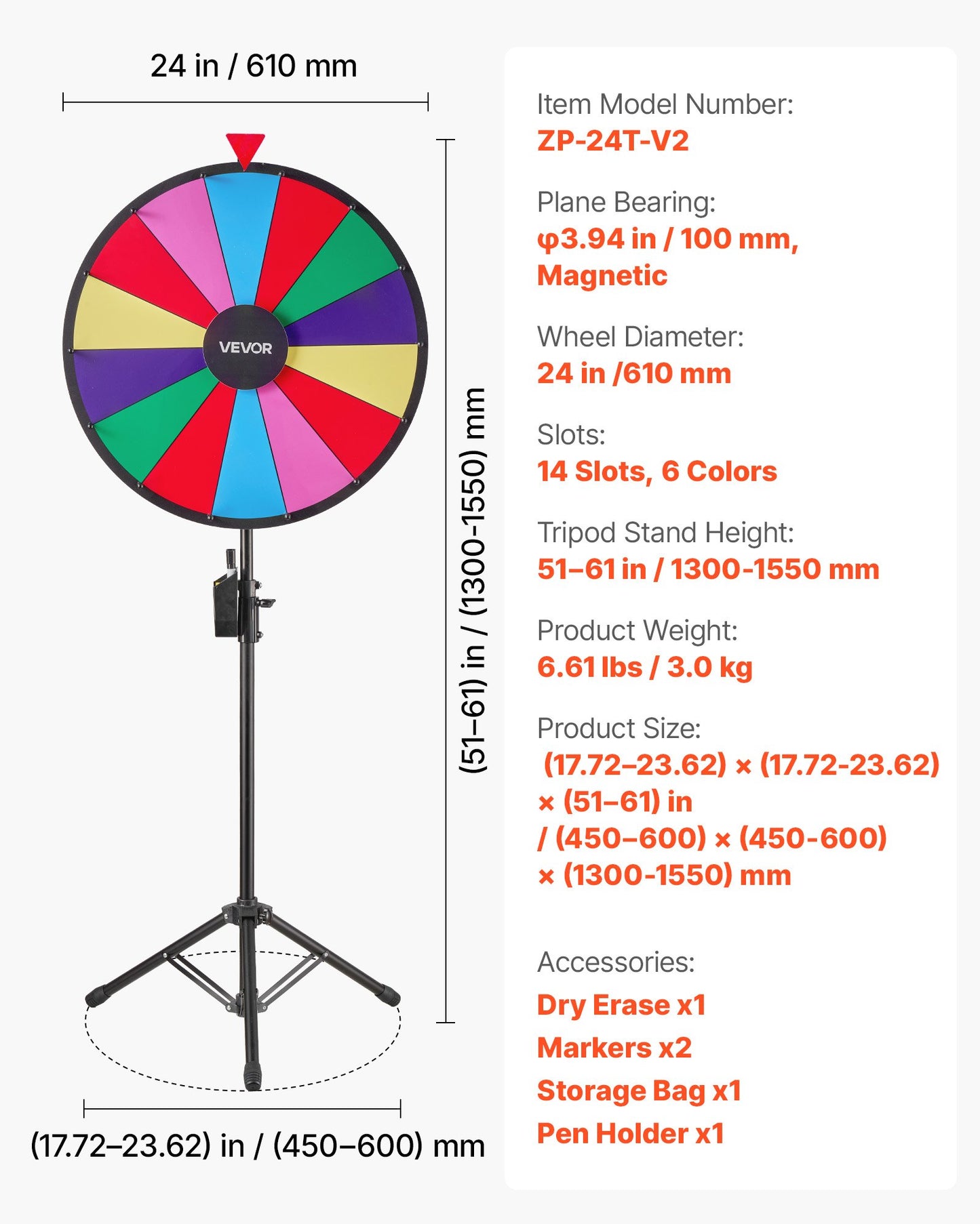 24 in Spinning Prize Wheel, 14 Slots Spinning Wheel with Tripod, Adjustable Height Win Fortune Roulette with a Dry Erase and 2 Markers, 6 Colors, Easy Assembly, for Party Pub Trade Show Carnival