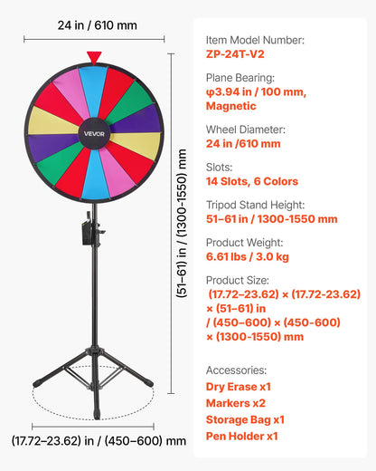24 in Spinning Prize Wheel, 14 Slots Spinning Wheel with Tripod, Adjustable Height Win Fortune Roulette with a Dry Erase and 2 Markers, 6 Colors, Easy Assembly, for Party Pub Trade Show Carnival