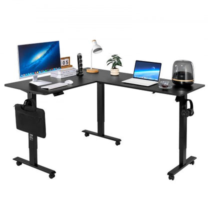 L Shaped Desk, Electric Adjustable Height Corner Gaming Desk with Dual Hooks and Wheels, Heavy Duty Carbon Steel L-Shaped Computer Table with Power Strip for Home Office, Easy to Assemble, Black