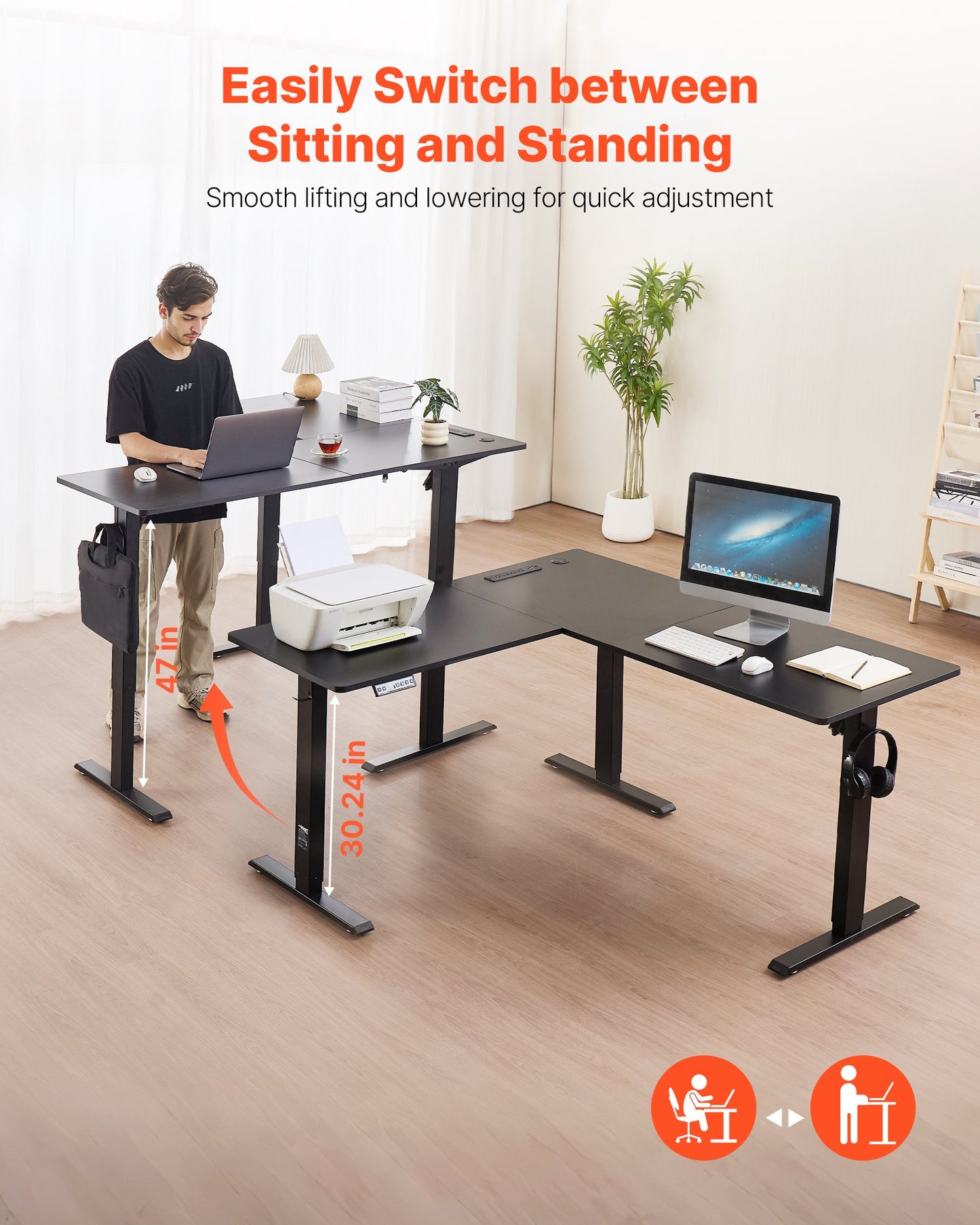 L Shaped Desk, Electric Adjustable Height Corner Gaming Desk with Dual Hooks and Wheels, Heavy Duty Carbon Steel L-Shaped Computer Table with Power Strip for Home Office, Easy to Assemble, Black