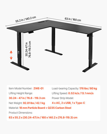 L Shaped Desk, Electric Adjustable Height Corner Gaming Desk with Dual Hooks and Wheels, Heavy Duty Carbon Steel L-Shaped Computer Table with Power Strip for Home Office, Easy to Assemble, Black
