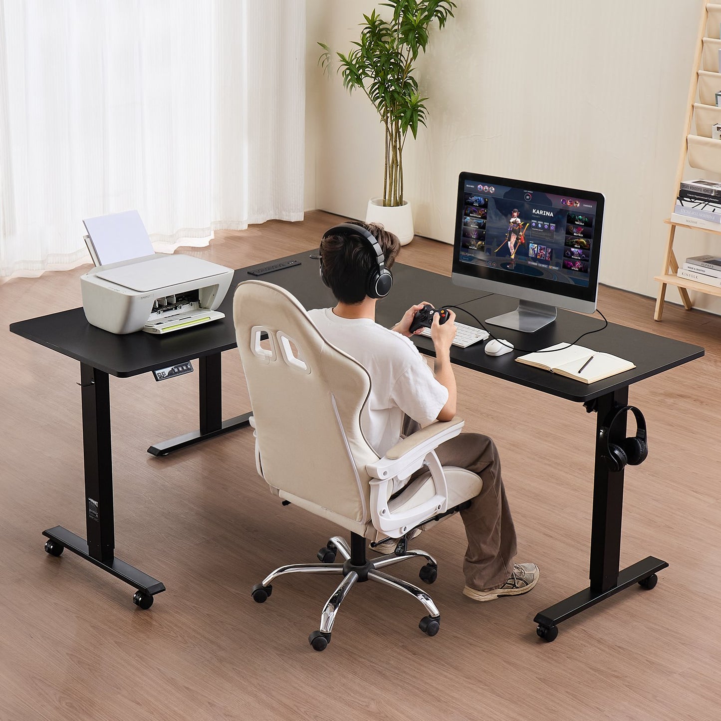 L Shaped Desk, Electric Adjustable Height Corner Gaming Desk with Dual Hooks and Wheels, Heavy Duty Carbon Steel L-Shaped Computer Table with Power Strip for Home Office, Easy to Assemble, Black
