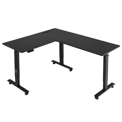 L Shaped Desk, Electric Adjustable Height Corner Gaming Desk with Dual Hooks and Wheels, Heavy Duty Carbon Steel L-Shaped Computer Table with Power Strip for Home Office, Easy to Assemble, Black