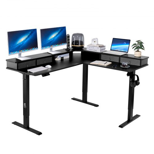 L Shaped Desk, Electric Adjustable Height Corner Gaming Desk with CPU Stands, Dual Hooks and Fabric Drawers, L-Shaped Computer Table with Power Strip for Home Office, Easy to Assemble, Black