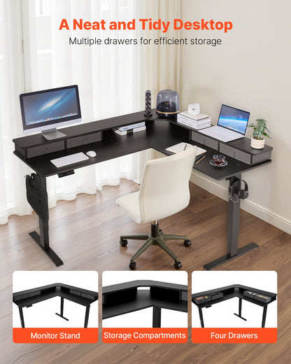 L Shaped Desk, Electric Adjustable Height Corner Gaming Desk with CPU Stands, Dual Hooks and Fabric Drawers, L-Shaped Computer Table with Power Strip for Home Office, Easy to Assemble, Black