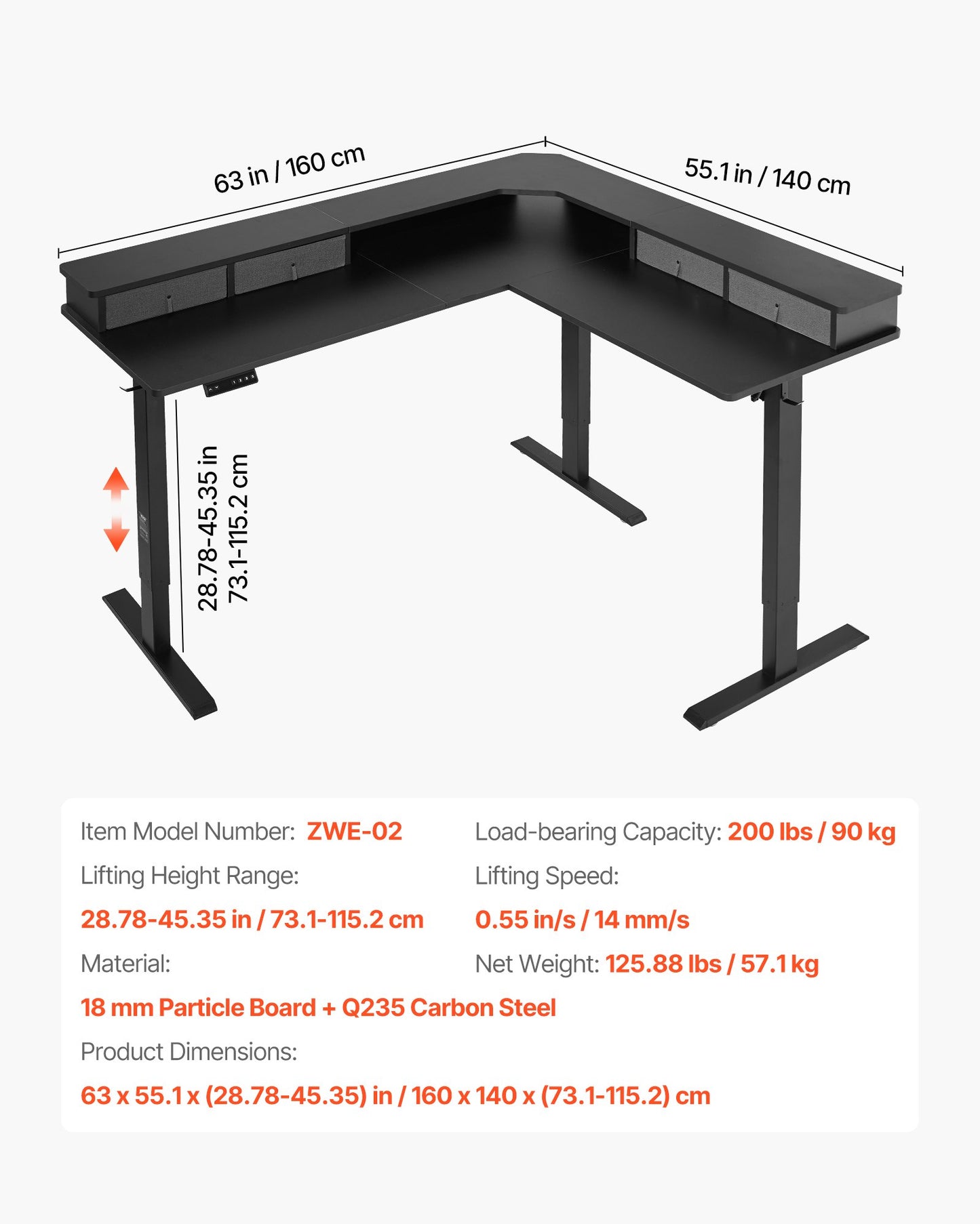 L Shaped Desk, Electric Adjustable Height Corner Gaming Desk with CPU Stands, Dual Hooks and Fabric Drawers, L-Shaped Computer Table with Power Strip for Home Office, Easy to Assemble, Black