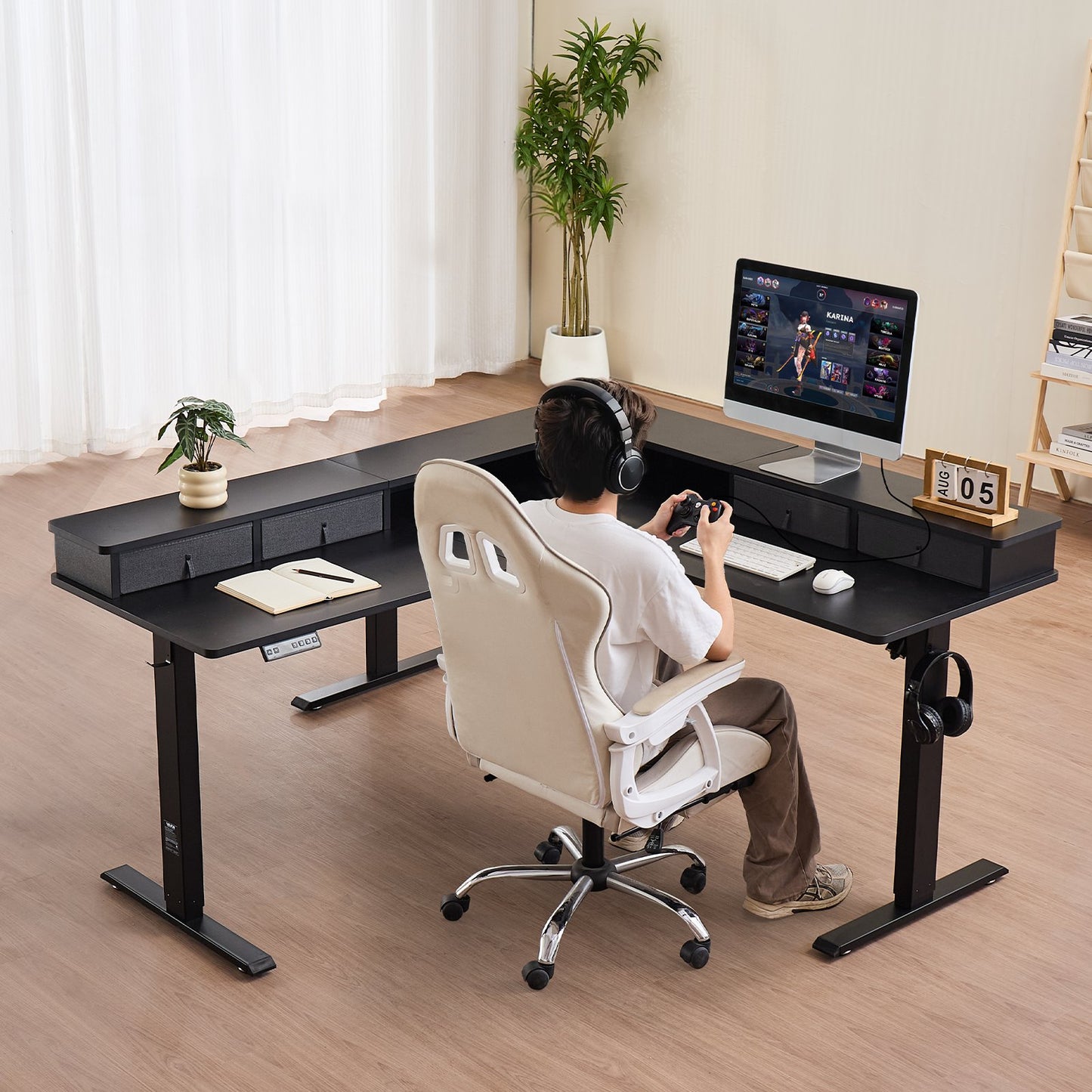 L Shaped Desk, Electric Adjustable Height Corner Gaming Desk with CPU Stands, Dual Hooks and Fabric Drawers, L-Shaped Computer Table with Power Strip for Home Office, Easy to Assemble, Black