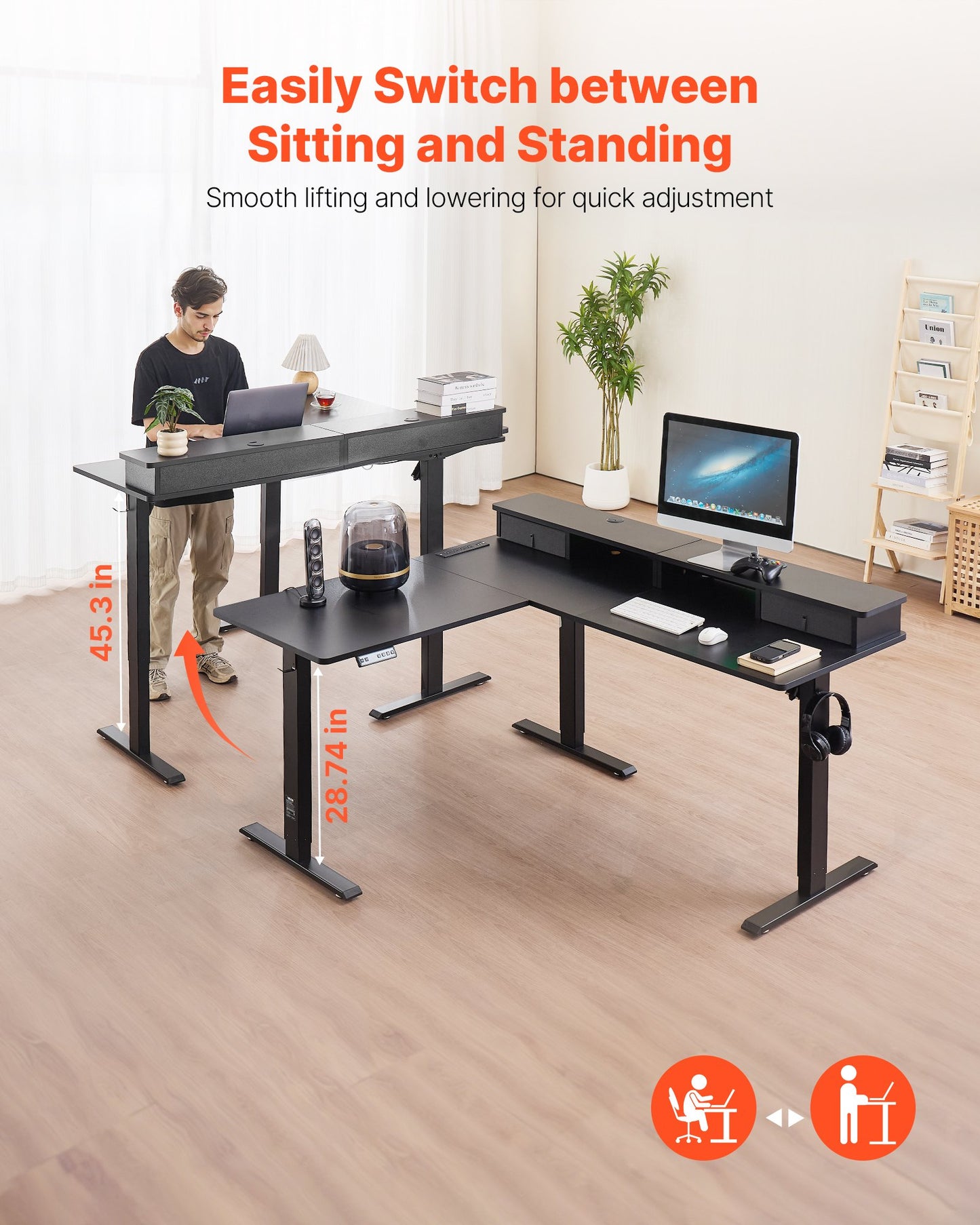 L Shaped Desk, Electric Adjustable Height Corner Gaming Desk with CPU Stand, Dual Hooks and Fabric Drawers, L-Shaped Computer Table with Light Strip for Home Office, Easy to Assemble, Black