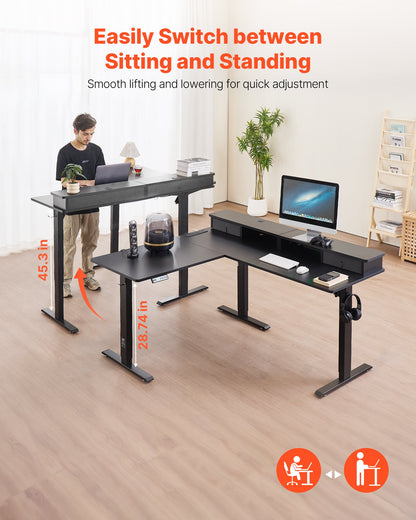 L Shaped Desk, Electric Adjustable Height Corner Gaming Desk with CPU Stand, Dual Hooks and Fabric Drawers, L-Shaped Computer Table with Light Strip for Home Office, Easy to Assemble, Black