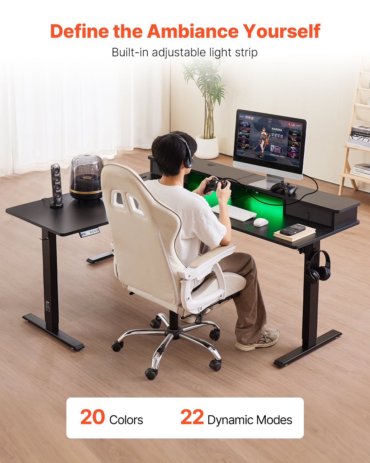L Shaped Desk, Electric Adjustable Height Corner Gaming Desk with CPU Stand, Dual Hooks and Fabric Drawers, L-Shaped Computer Table with Light Strip for Home Office, Easy to Assemble, Black