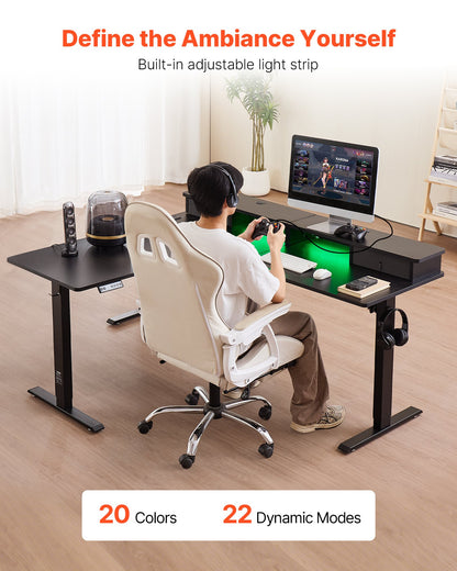L Shaped Desk, Electric Adjustable Height Corner Gaming Desk with CPU Stand, Dual Hooks and Fabric Drawers, L-Shaped Computer Table with Light Strip for Home Office, Easy to Assemble, Black