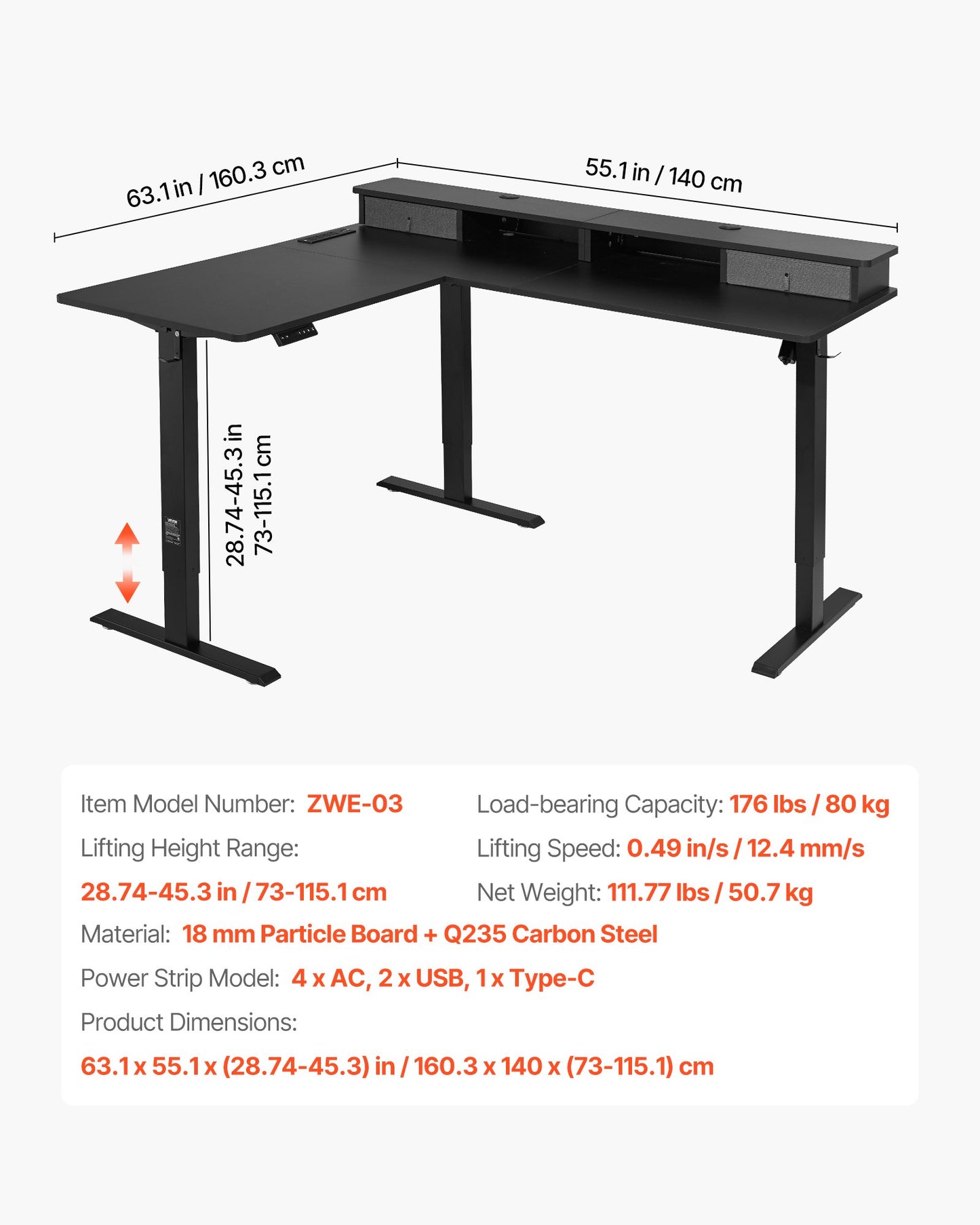 L Shaped Desk, Electric Adjustable Height Corner Gaming Desk with CPU Stand, Dual Hooks and Fabric Drawers, L-Shaped Computer Table with Light Strip for Home Office, Easy to Assemble, Black