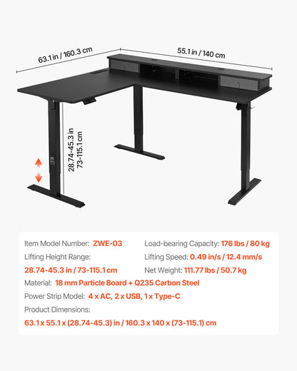 L Shaped Desk, Electric Adjustable Height Corner Gaming Desk with CPU Stand, Dual Hooks and Fabric Drawers, L-Shaped Computer Table with Light Strip for Home Office, Easy to Assemble, Black