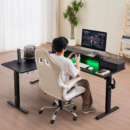 L Shaped Desk, Electric Adjustable Height Corner Gaming Desk with CPU Stand, Dual Hooks and Fabric Drawers, L-Shaped Computer Table with Light Strip for Home Office, Easy to Assemble, Black