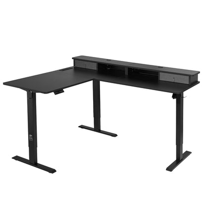 L Shaped Desk, Electric Adjustable Height Corner Gaming Desk with CPU Stand, Dual Hooks and Fabric Drawers, L-Shaped Computer Table with Light Strip for Home Office, Easy to Assemble, Black